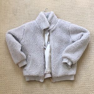 gray faux fur bomber jacket with zipper